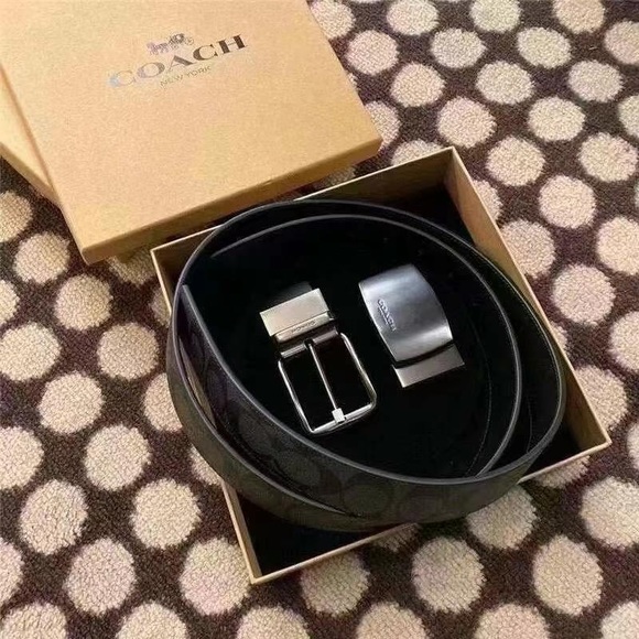 NWT COACH MEN'S BELT SET BOXED HARNESS PLAQUE REVERSIBLE BELT BLACK 42/44" NEW - Picture 1 of 7